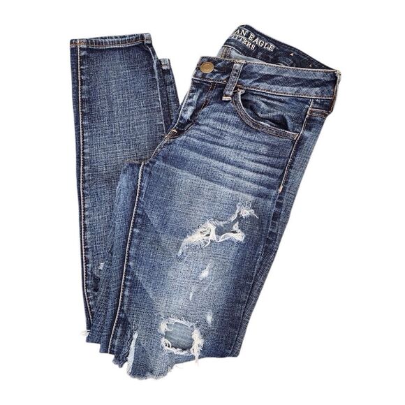 AMERICAN EAGLE Jegging Super Stretch Jeans Size 4 Destroyed Distressed Dark Blue - Picture 11 of 15